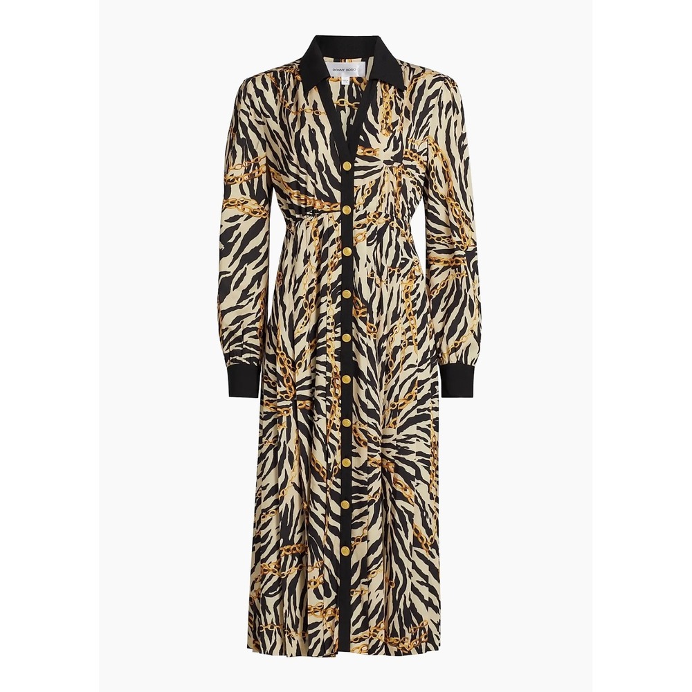 Ronny Kobo Luxury Mixed Zebra Chain Print Midi Dress Gold Crest Button Size M